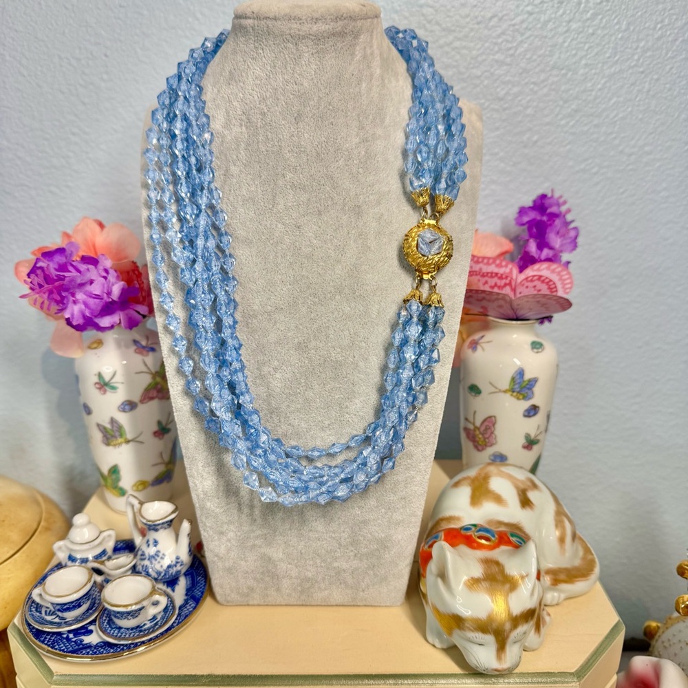 Vintage 50’s-60’s Blue Faceted Lucite Multi Strand Necklace with Gold Clasp 22”